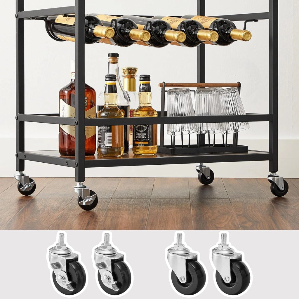 VASAGLE Carrello da Cucina, Carrello Portavivande, Scaffale da Cucina con Ruote, Porta Bicchieri e Bottiglie, 40 x 60 x 82 cm, Stile Industriale, Marrone Vintage e Nero LRC087B01