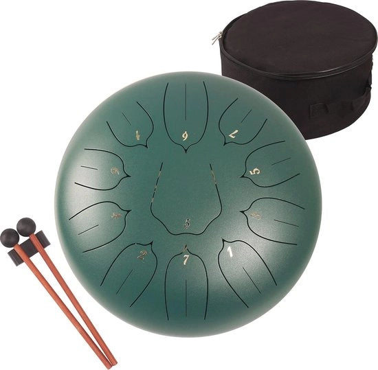 Tamburo a Tong da 30 cm in Acciaio con 11 Note Strumento Percussivo - Tamburo a Mano con Mazzuoli e Borsa - Tamburo a Tong in Verde Scuro