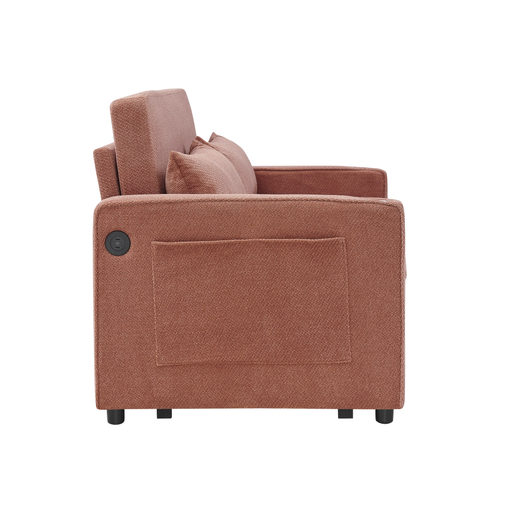 Divano letto 3 in 1 con sistema scorrevole e porte USB per soggiorno ufficio e ospiti in legno e tessuto arancione