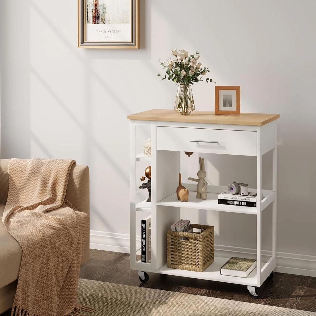 Carrello con Ruote, Isola da Cucina, Carrello Portaoggetti con Piano di Lavoro Cassetto Ripiani Aperti, Contenitore per Sala da Pranzo/Bagno/Cucina, 73x38x88 cm, Effetto Bambù + Bianco, RW051eiw