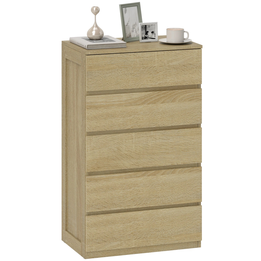 Cassettiera 5 Cassetti in Legno con Guide in Metallo e Maniglie Scanalate, 60x39x100 cm, color Faggio