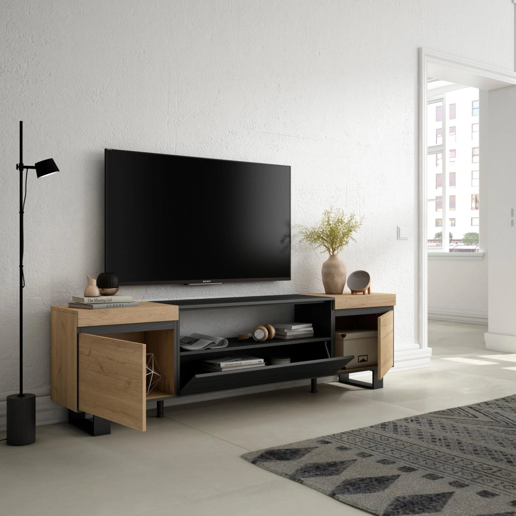 Mobile TV, 200x35x57cm, soggiorno, Per TV fino a 80", Design industriale, colore Rovere e nero RF2257