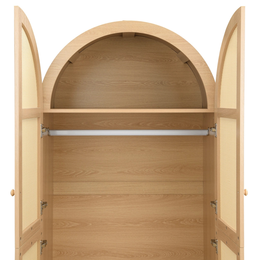 Armadio 80x50x179 cm con asta appendiabiti e cassetti; ante in rattan; gambe in legno; MDF e truciolare naturale
