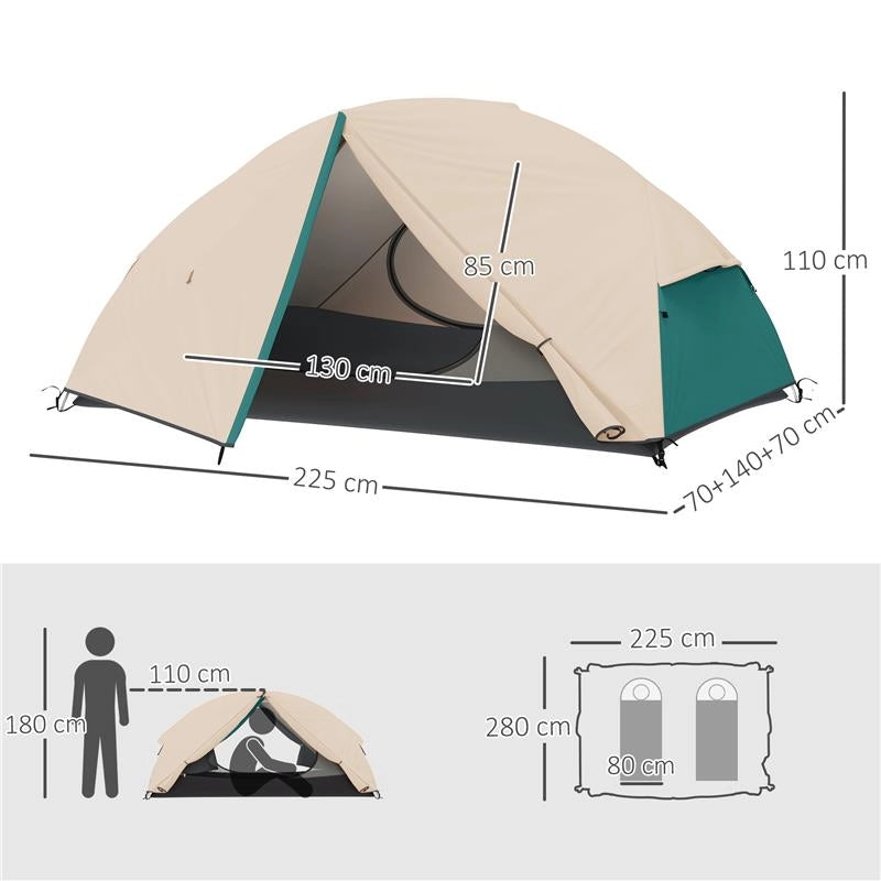 TENDA DA CAMPEGGIO 2 POSTI CON 2 VESTIBOLI 2 PORTE 2 FINESTRE E BORSA DI TRASPORTO 2.8X2.25X1.1 CM BEIGE