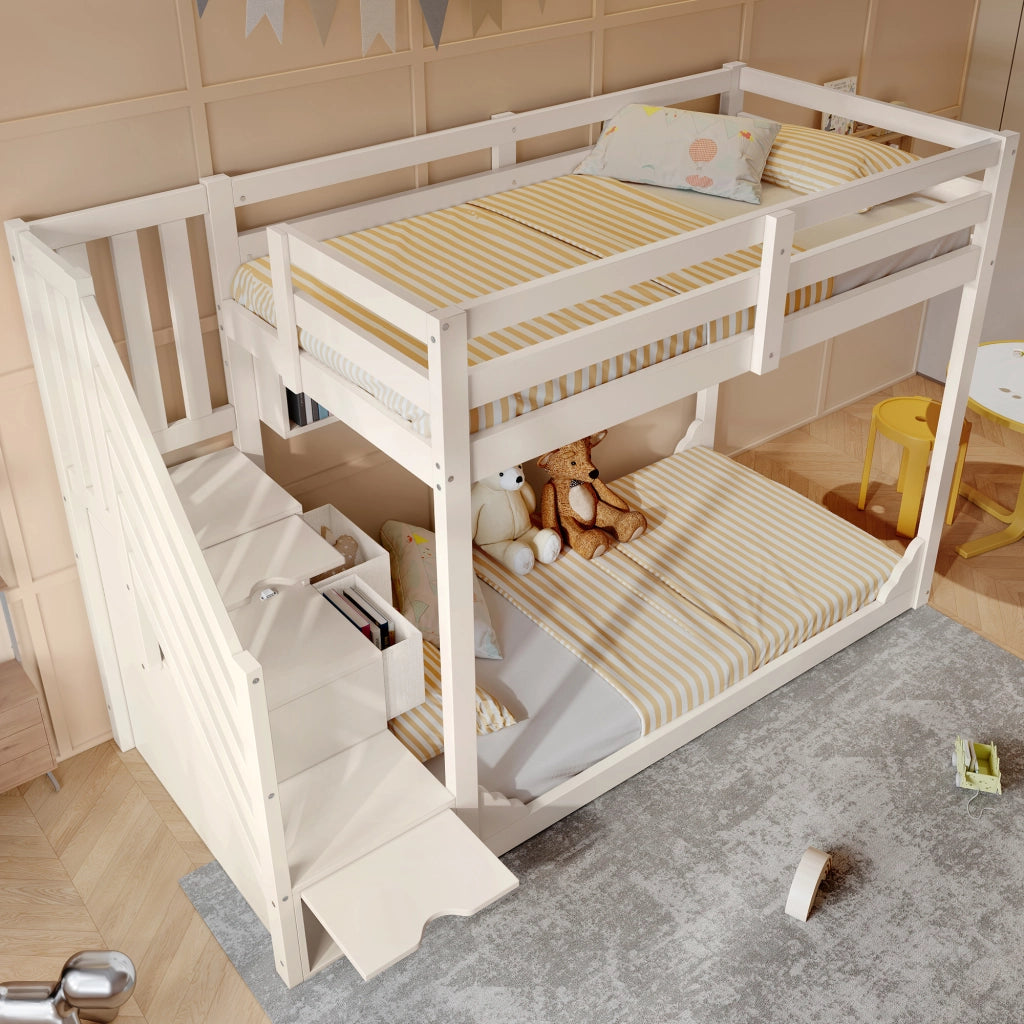 DESMIU Letto a castello bambino 90 × 200 cm 2 posti con scala contenitore e ripiani, senza materasso, in legno, bianco