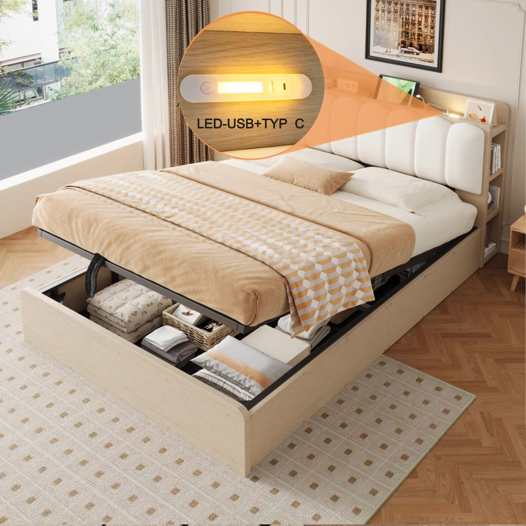 LETTO contenitore idraulico 140x200 cm in legno colore naturale con USB