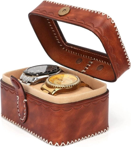 Cassa in Pelle con Orologio a Doppia Faccia per Display Gioielli e Monete in Pelle Marrone OT727LE2