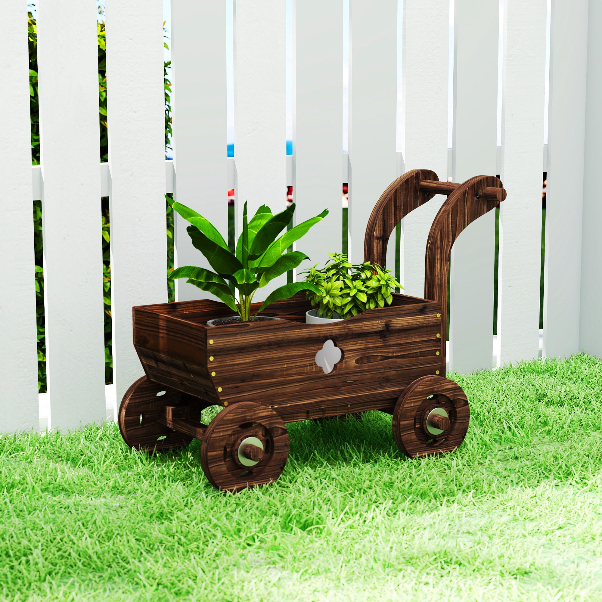 Fioriera a Carretto 68x38x52 cm con 4 Ruote Maniglia e Fori di Drenaggio in Legno
