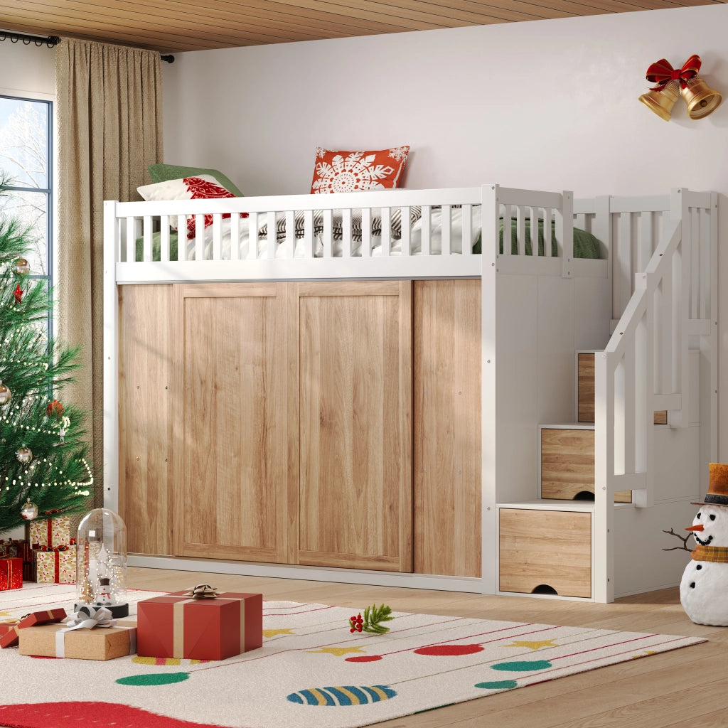 Letto a Soppalco Multifunzionale ¨C MINIMAL ¨C Bianco/Rovere, con Armadio, LED, 90x200