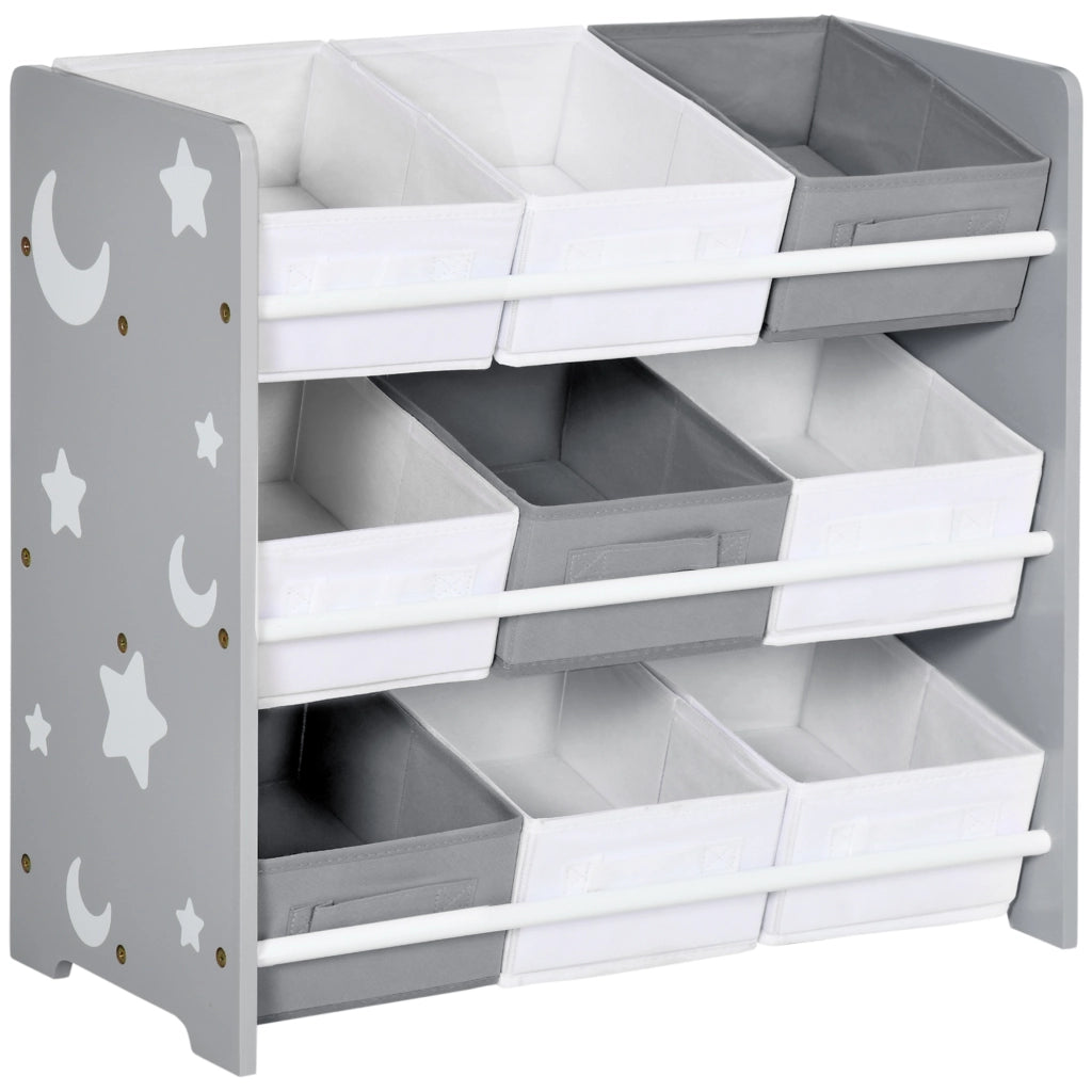 EasyComfort Mobiletto Portagiochi con 9 Cestini Rimovibili in MDF e Tessuto, 63x30x60cm, Grigio e Bianco