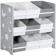 EasyComfort Mobiletto Portagiochi con 9 Cestini Rimovibili in MDF e Tessuto, 63x30x60cm, Grigio e Bianco