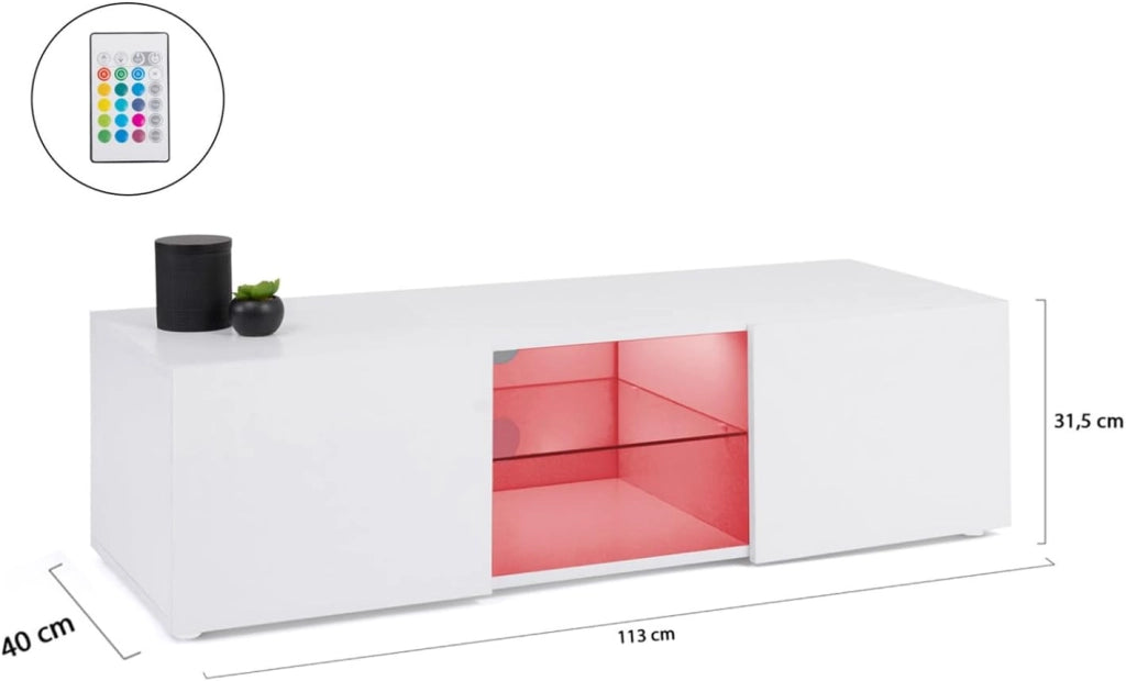 113 cm Porta TV ELI ripiano in vetro bianco con LED