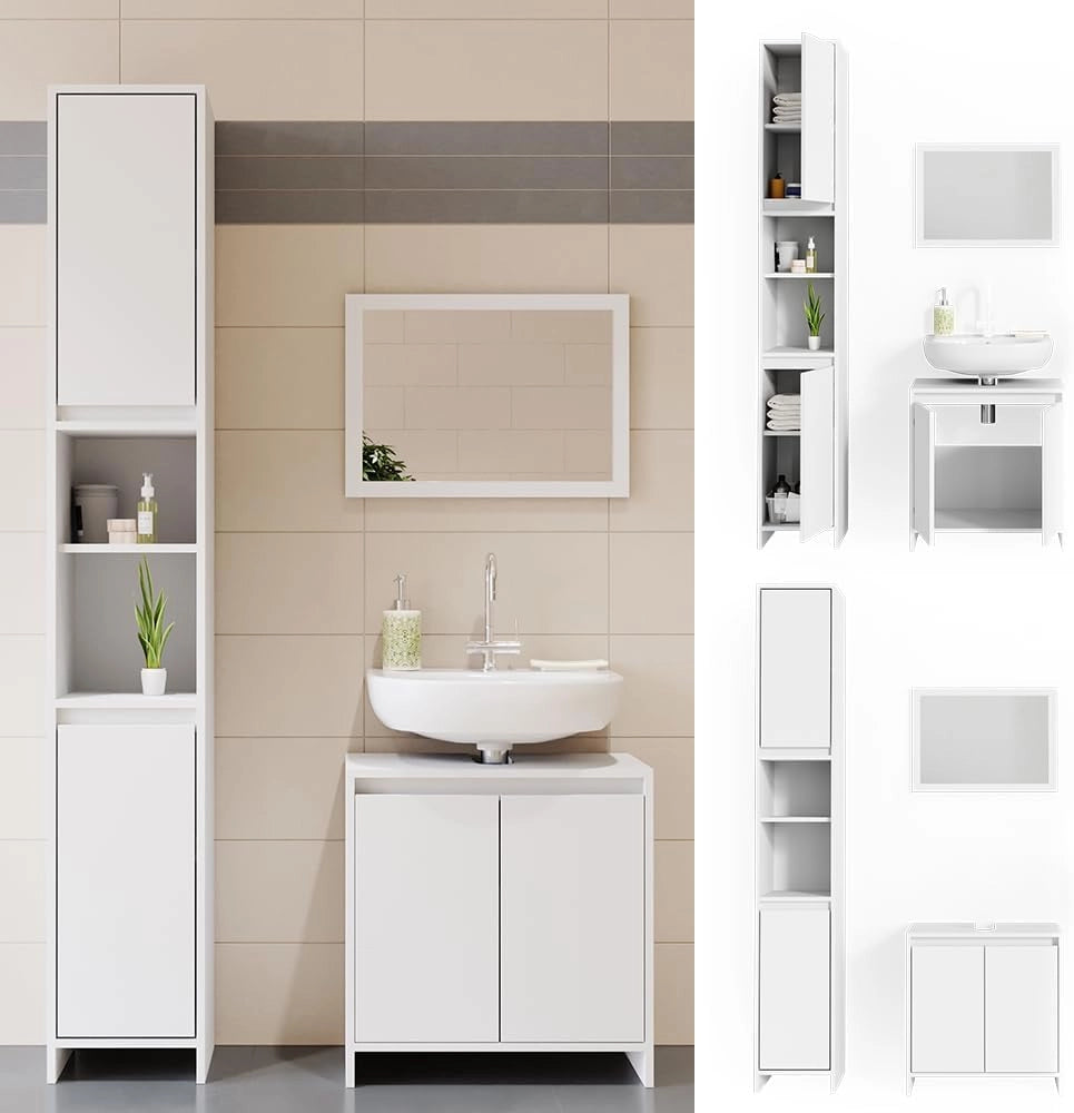 Set di mobili da bagno Emma, Bianco, 58 cm, composto da mobile sottolavabo, specchiera e colonna alta