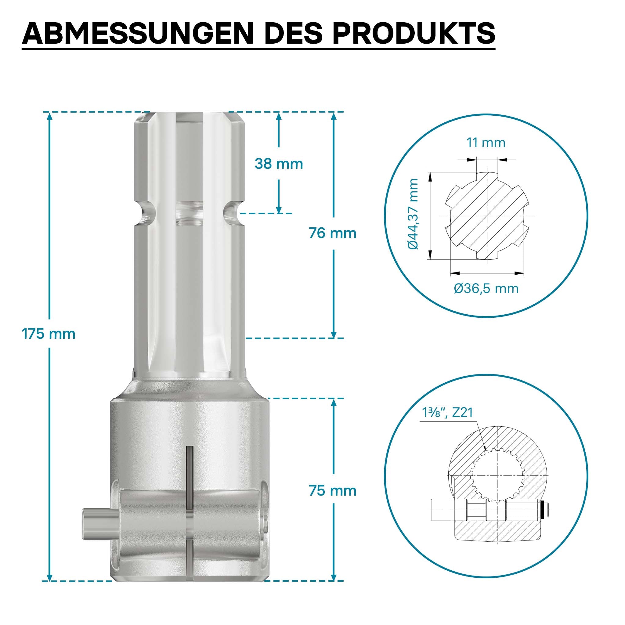 Boccola albero cardanico 175 mm Attacco albero scanalato 1 3/8" 21 denti Albero uscita 1 3/4" 6D