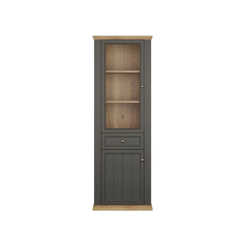 Vetrina Essenza con 1 anta a vetro 1 cassetto e 1 anta in stile classico colore grigio scuro e rovere