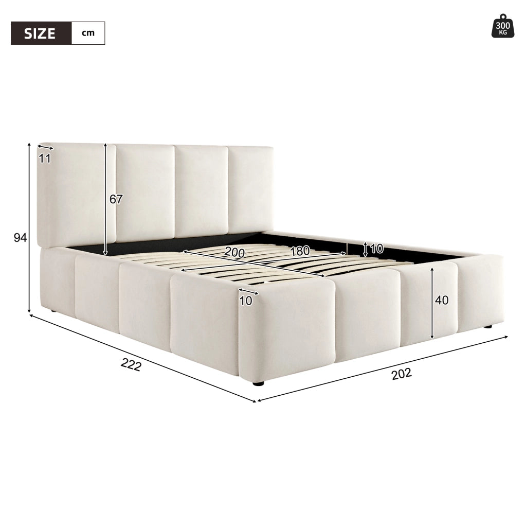 Letto matrimoniale imbottito 180x200 cm in chenille beige con testiera e rete a doghe