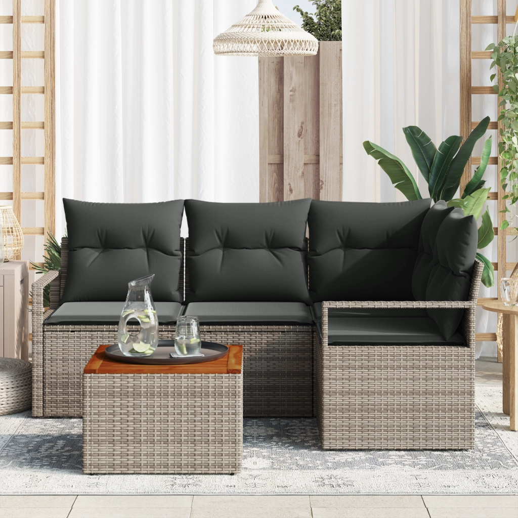 Set di Divani da Giardino 5 Pezzi con Cuscini Grigio Polyrattan Acacia