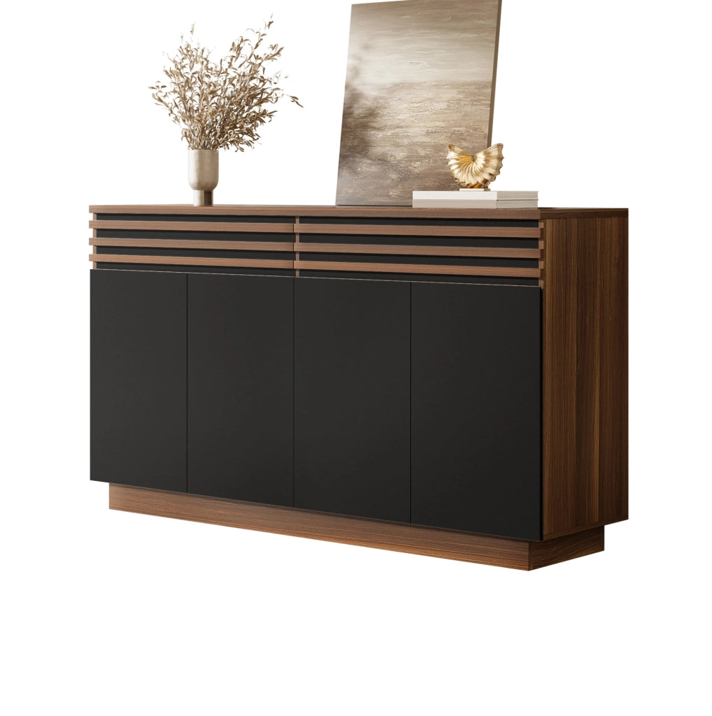 Sideboard moderno 150x40x85 cm in MDF marrone con ante nere, 2 cassetti e 4 porte