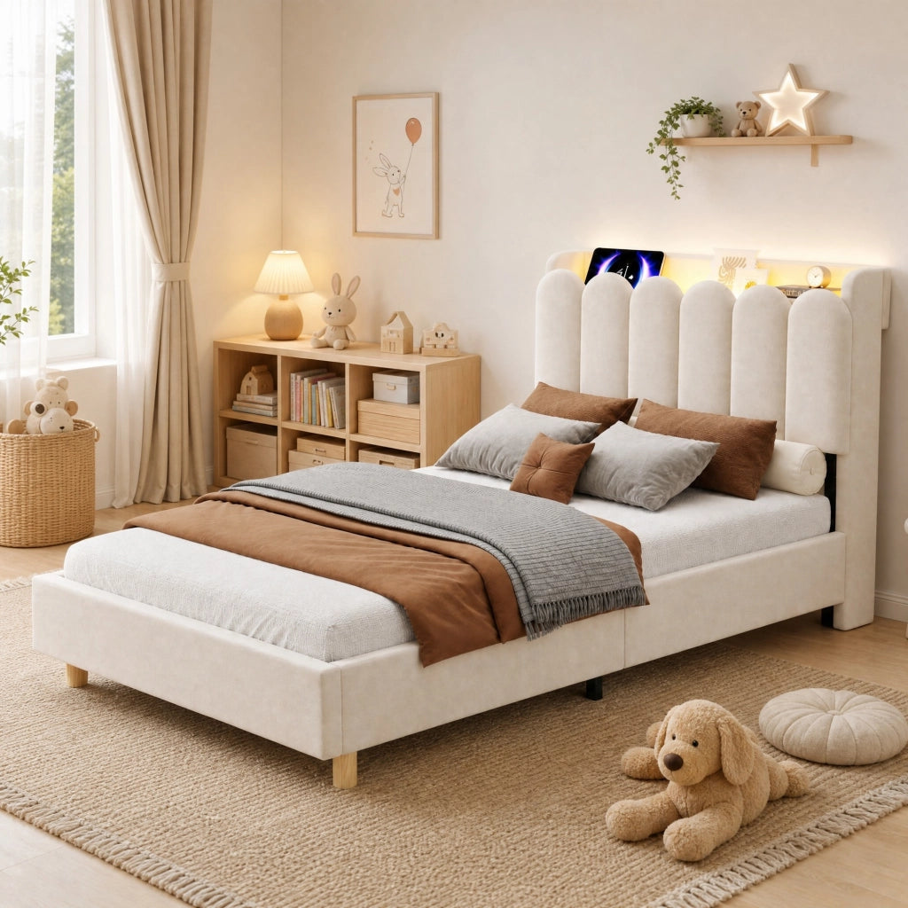 Letto singolo imbottito 90x200 cm in velluto beige, testiera contenitore, USB/Type-C e lampada da lettura