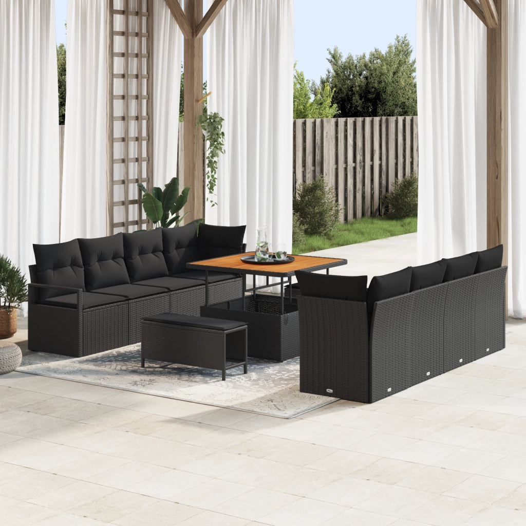 Set di SofÃ  da Giardino 11 Pezzi con Cuscini Polyrattan Nero Acacia