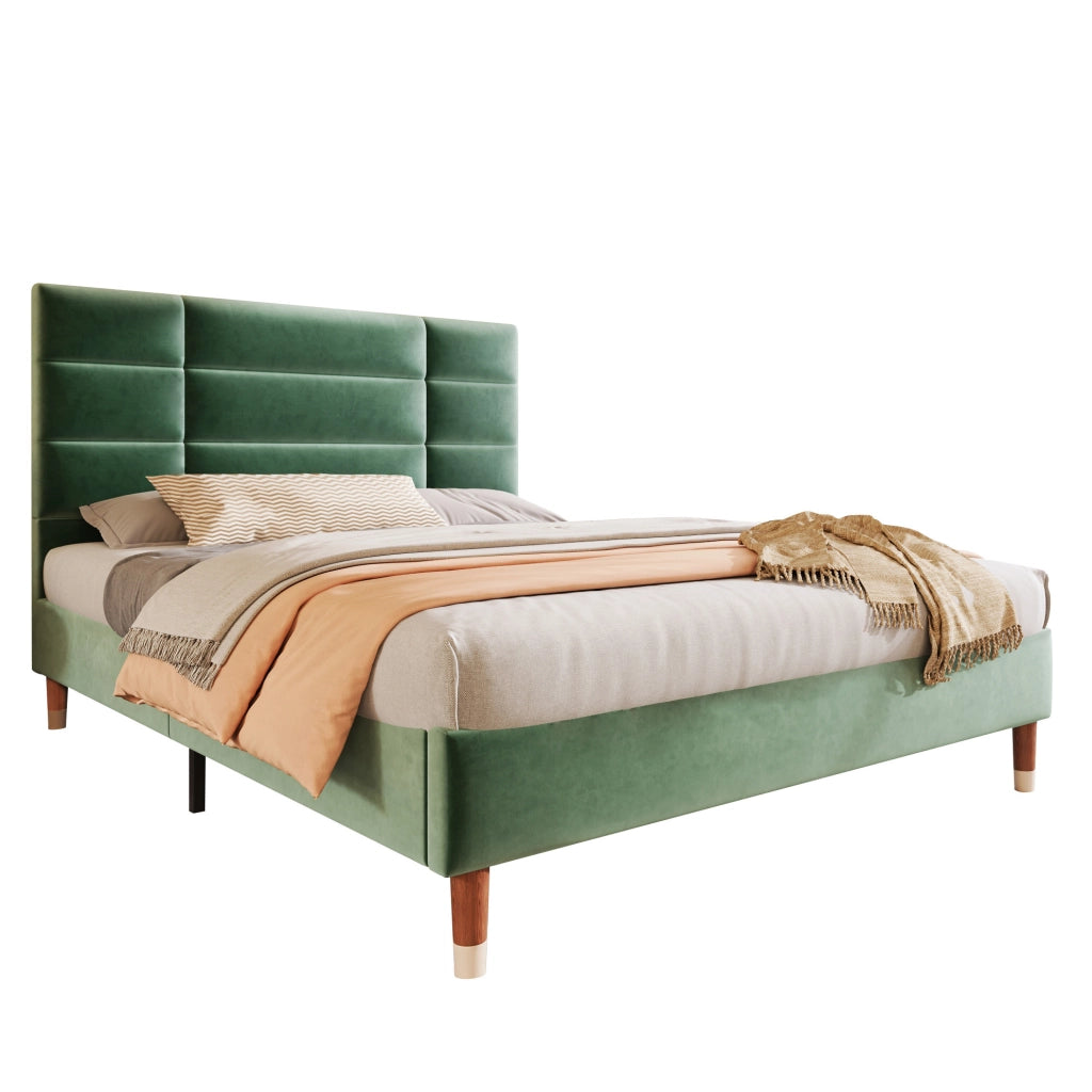 Letto matrimoniale 140x200 cm con rete a doghe; velluto verde; senza materasso
