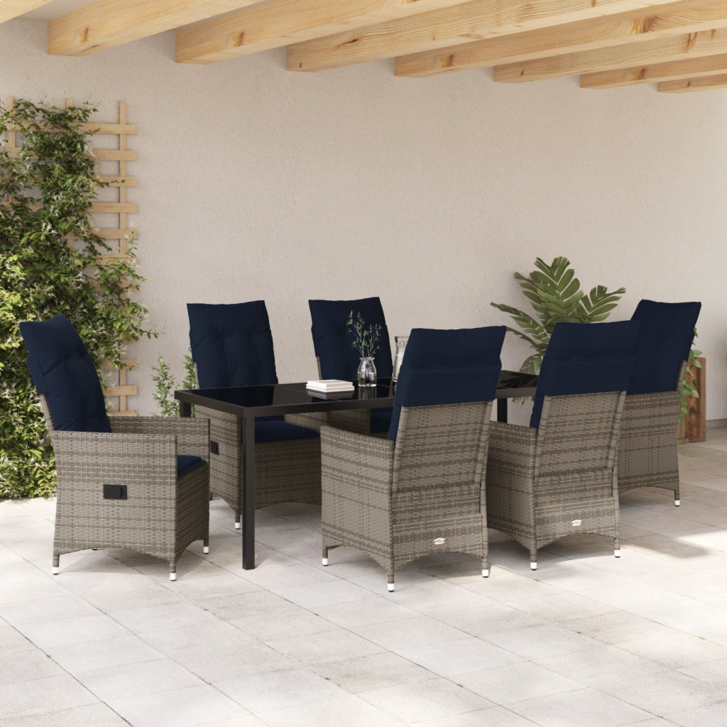 Set da pranzo da giardino 7 pezzi  con cuscini in rattan grigio