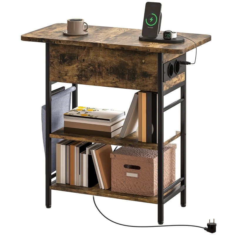 Tavolino laterale con prese USB e USB-C; 2 ripiani aperti e vano con coperchio; marrone rustico 60 × 29.8 × 58.5 cm