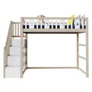 Letto a soppalco singolo con scala con ripiani e sponde; 90 × 200 cm; senza materasso