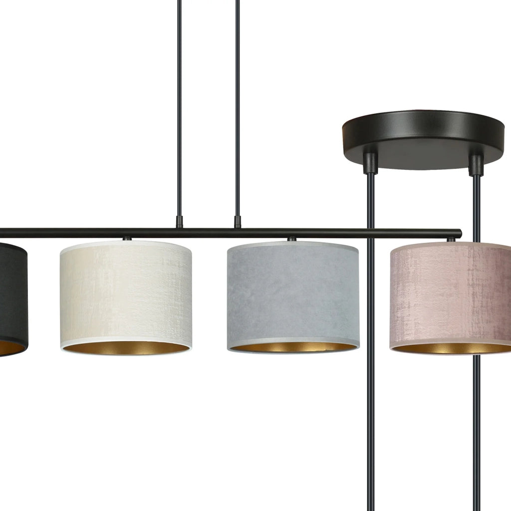Lampadario 4 Luci Ganesha In Acciaio Nero E Paralumi In Tessuto Multicolore