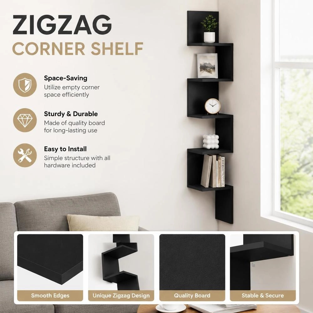 Wall Corner Shelf, Black, 20x20x127.5 Cm, Wood-based Material