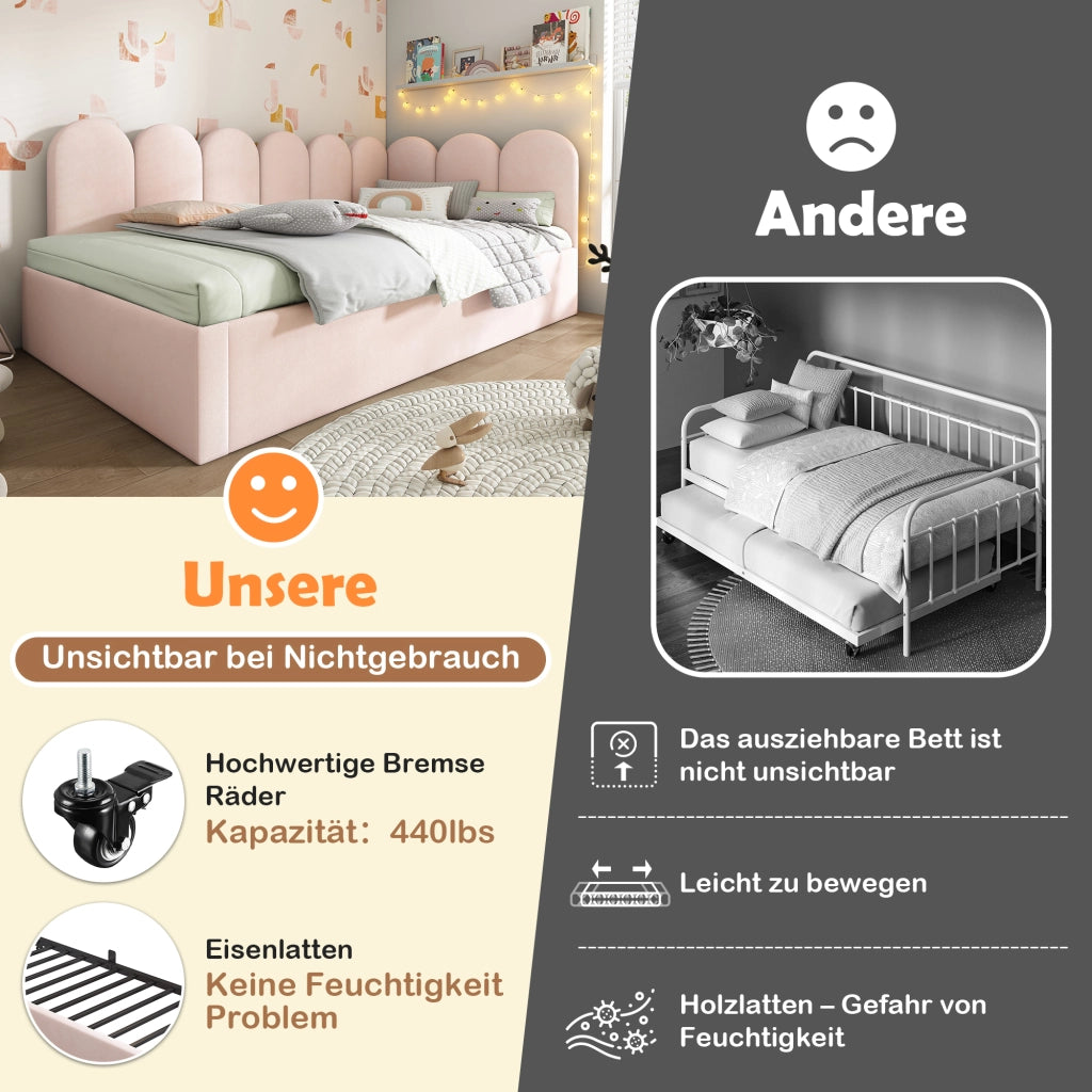 Daybed singolo – 90x200 cm – estraibile 90x190 rete – velluto rosa