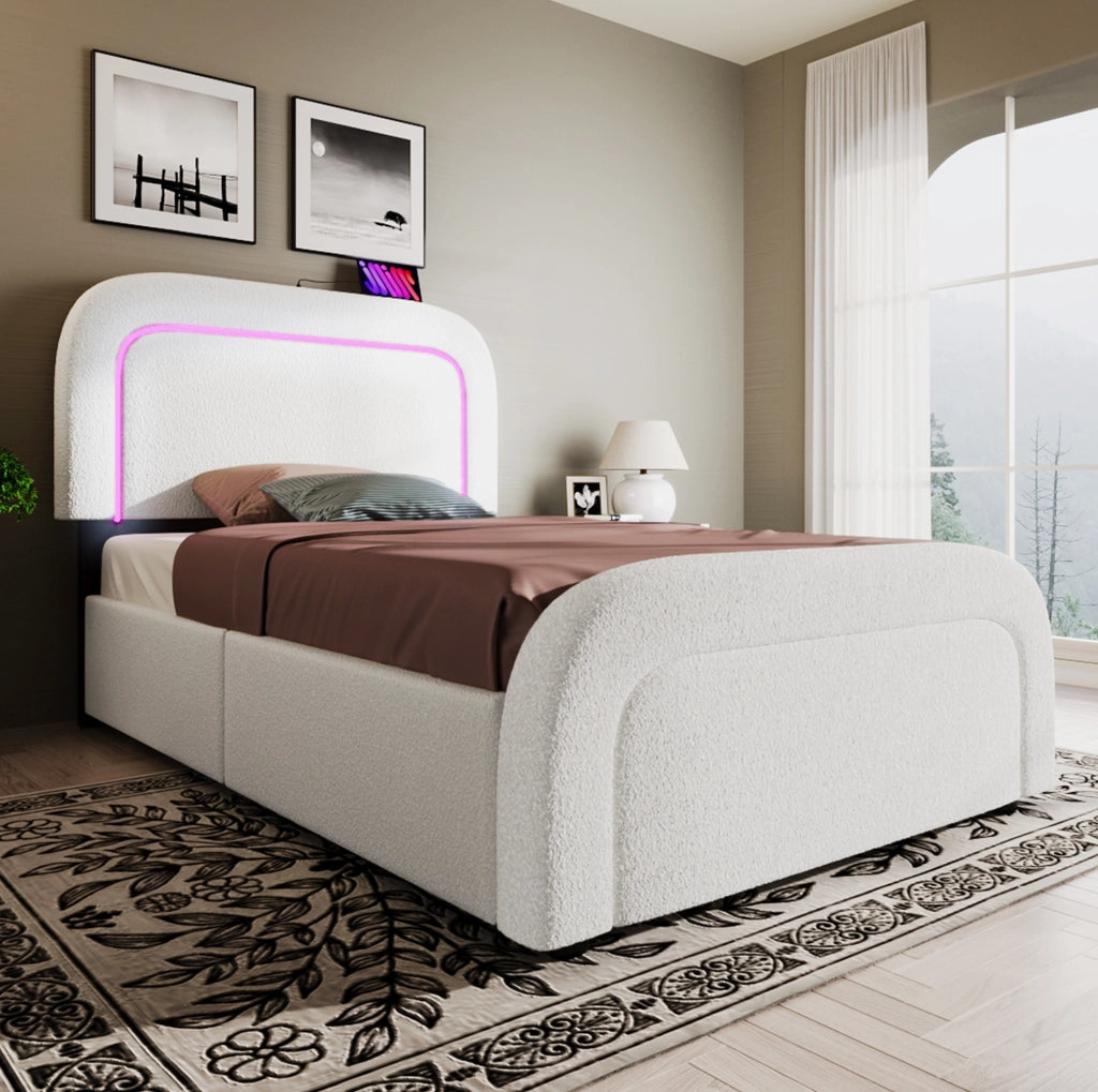 Letto imbottito 90x200 cm in Sherpa bianco con USB Type-C; LED e 2 cassetti; con materasso