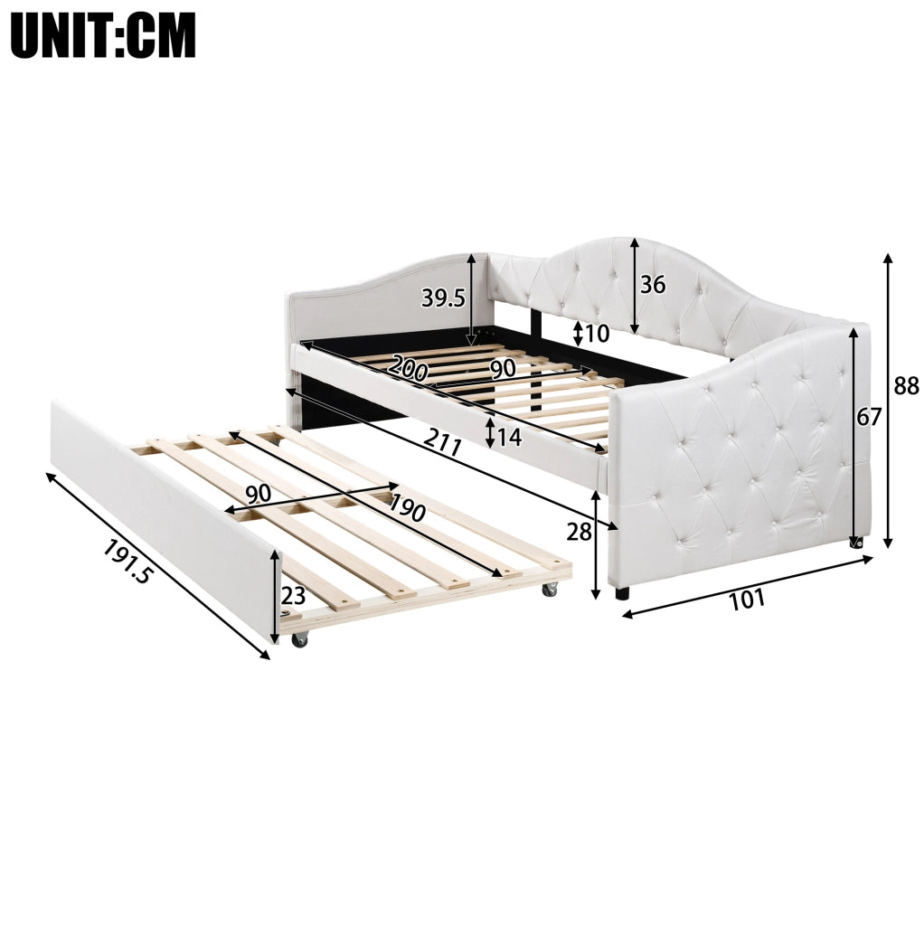 Divano letto 90x200 cm con letto estraibile in lino e MDF beige