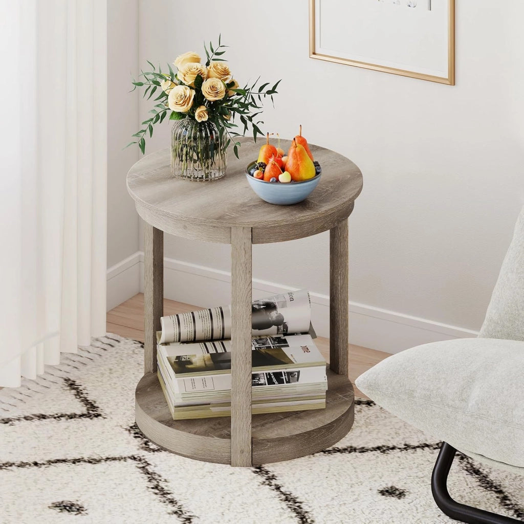 Tavolino Rotondo da Salotto, Tavolo da Caffè a 2 Livelli con Ripiano e Gambe in Legno di Gomma, Portata 160 kg, Tavolino in Legno per Soggiorno, Studio e Ufficio, 60,5 x 60,5 x 61 cm (Grigio)