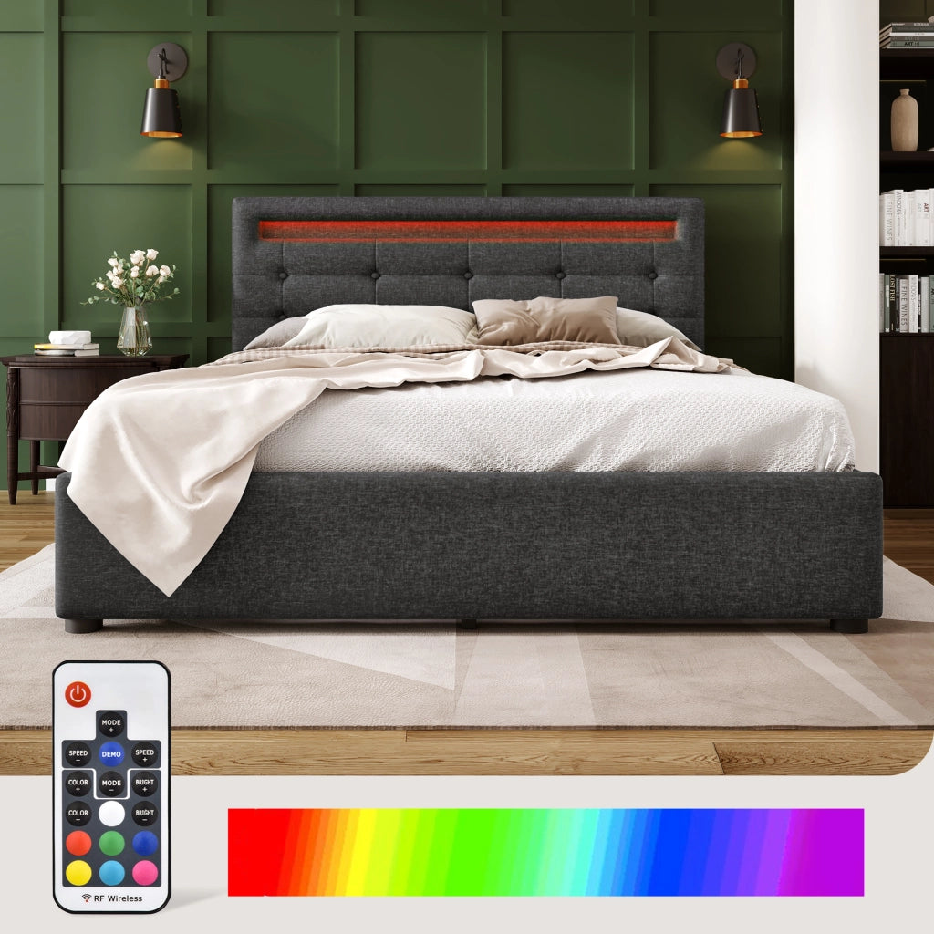 Letto matrimoniale – 140x200 cm – LED 4 cassetti testiera regolabile – legno grigio