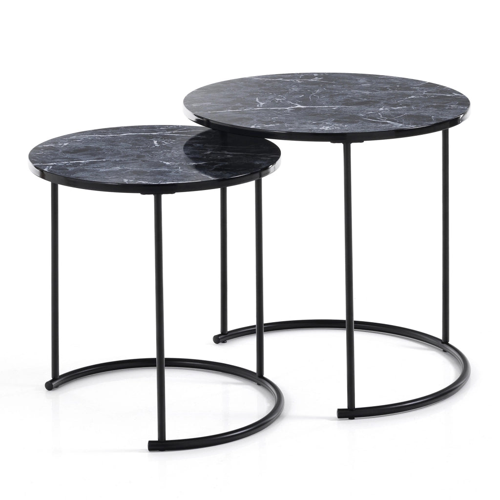 Set 2 tavolini OMAHA in vetro effetto marmo e metallo nero