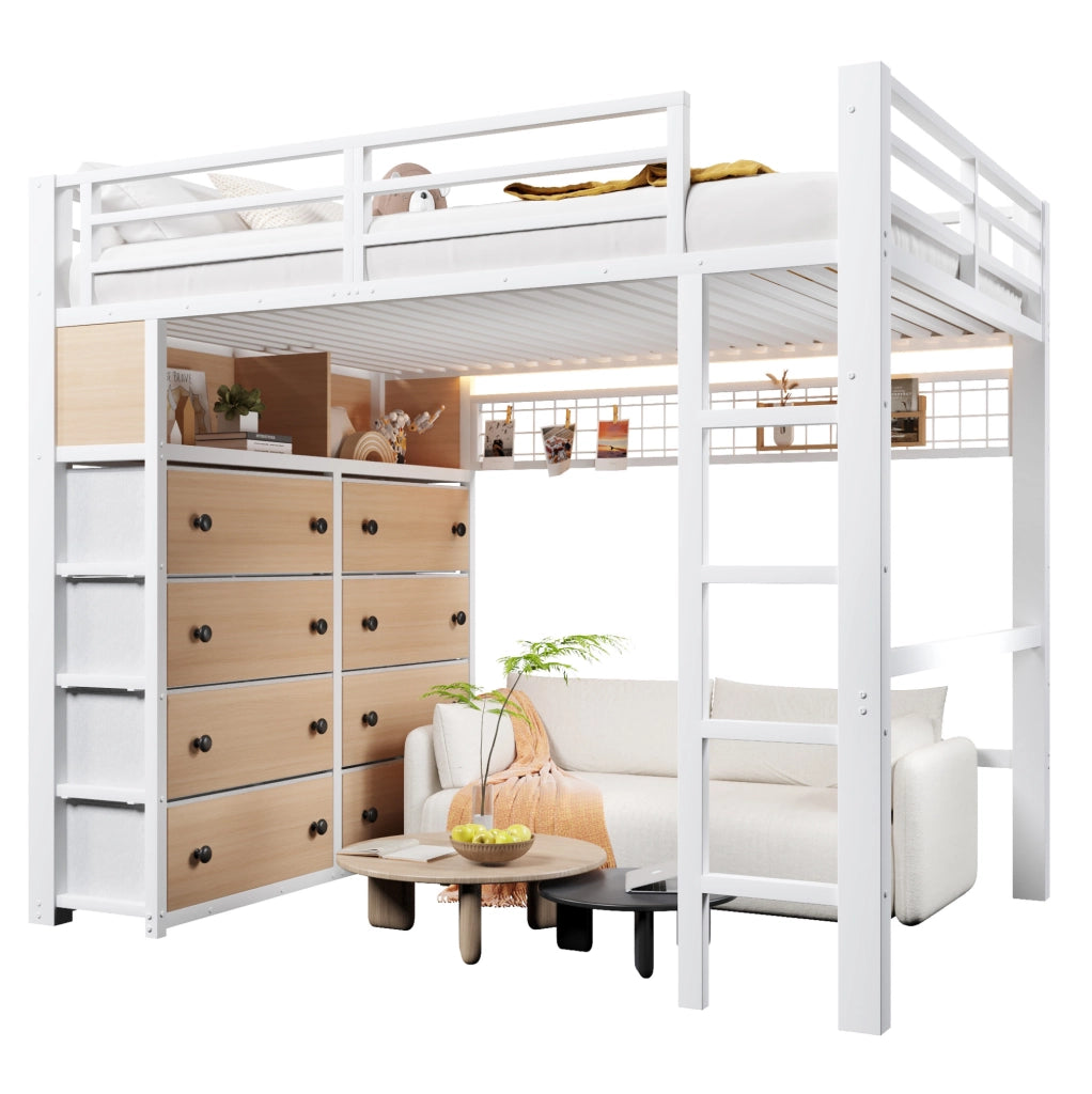 Letto a soppalco 140x200 cm con 8 cassetti, mensole e luce LED