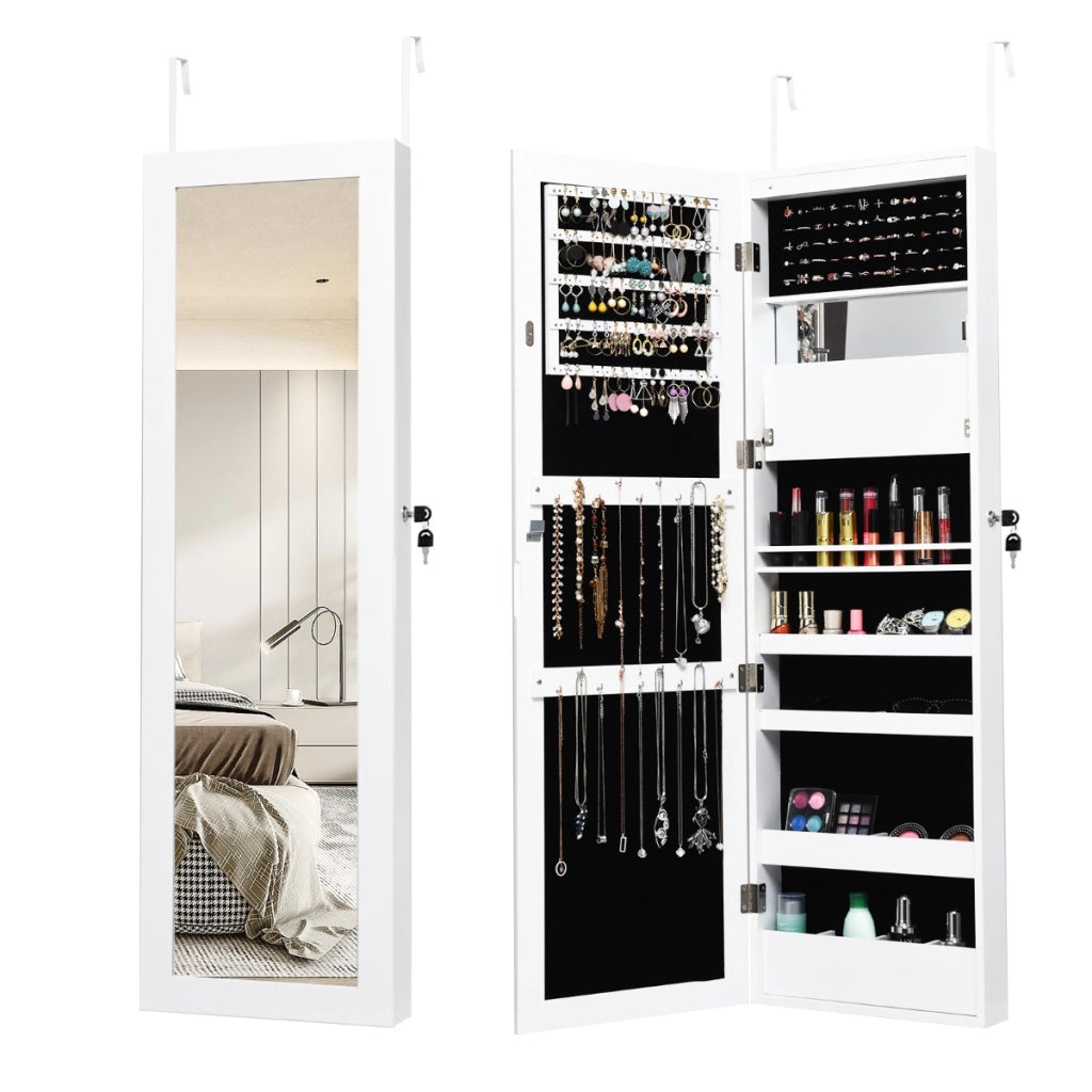 Armadio per gioielli con specchio LED 119cm di altezza, Armadio per gioielli montabile a parete o porta Bianco-Armadietti per gioielli