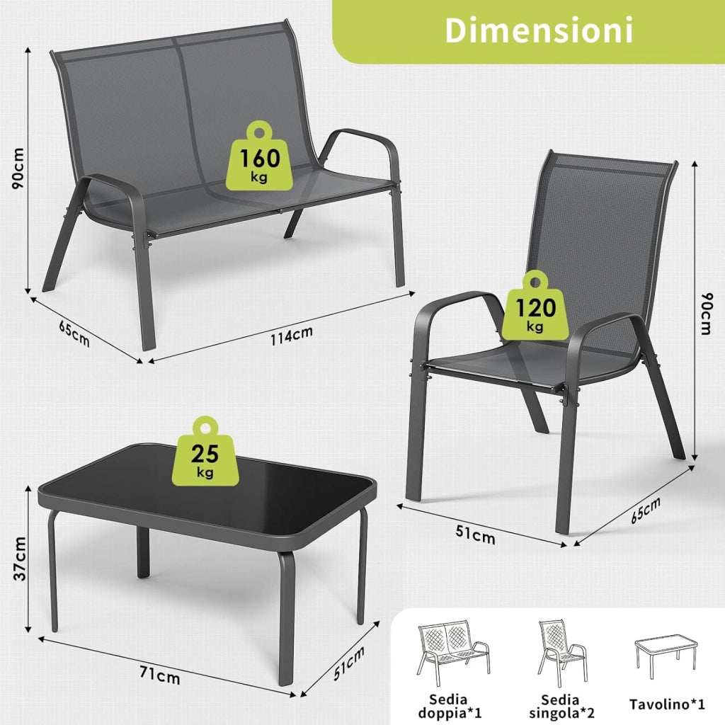 Set Salotto da Giardino 4 Pezzi, Set Mobili da Esterno con Divano 2 Posti, 2 Poltrone, 1 Tavolino in vetro, Textilene Traspirante, Set da Conversazioni per Piccolo Balcone, Terrazzo (Grigio)