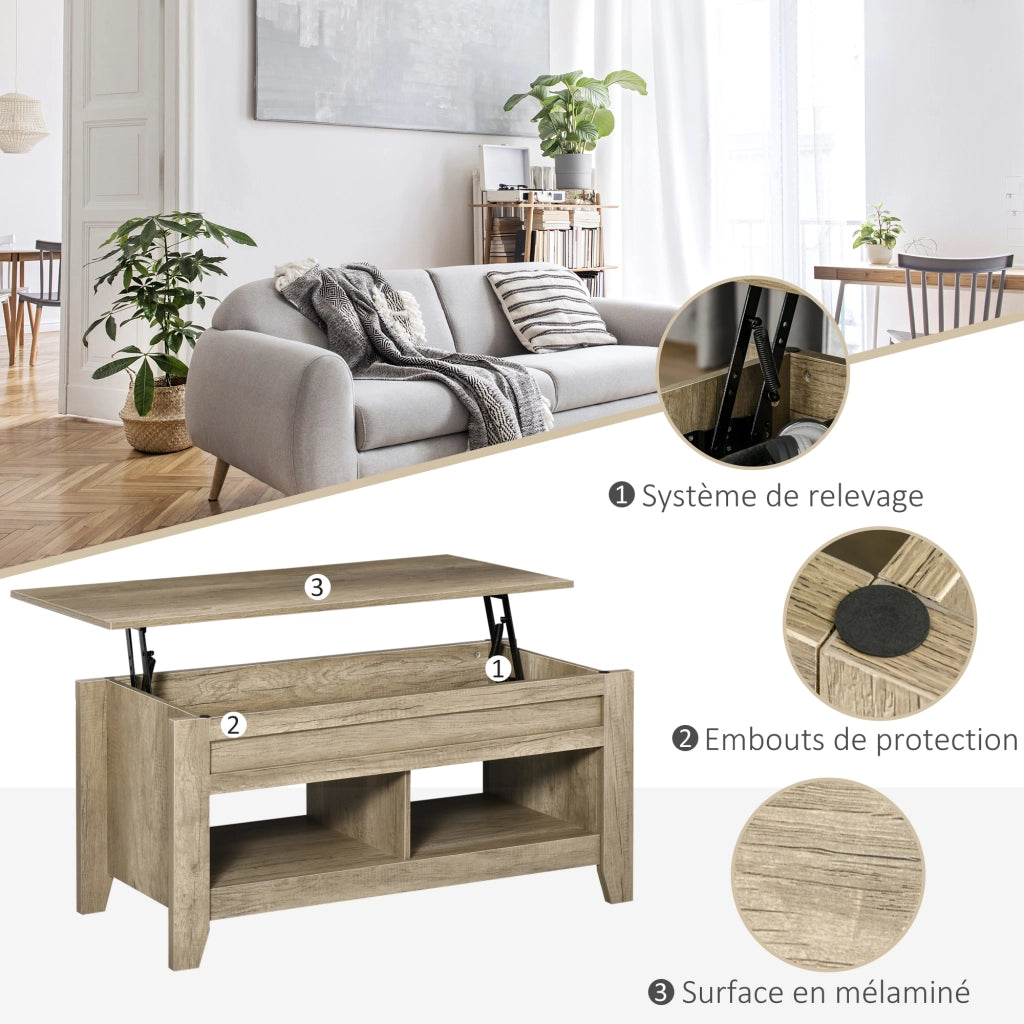 Tavolino da salotto con ripiano sollevabile e ripiani nascosti ¨C zephmum ¨C effetto quercia chiaro 105x50x49-62.5 cm
