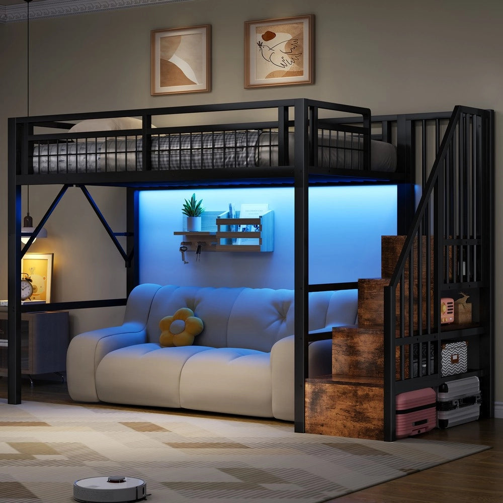 Letto a Soppalco con LED e Scaletta con Vano ¨C Xylo ¨C Nero 90x200 Metallo