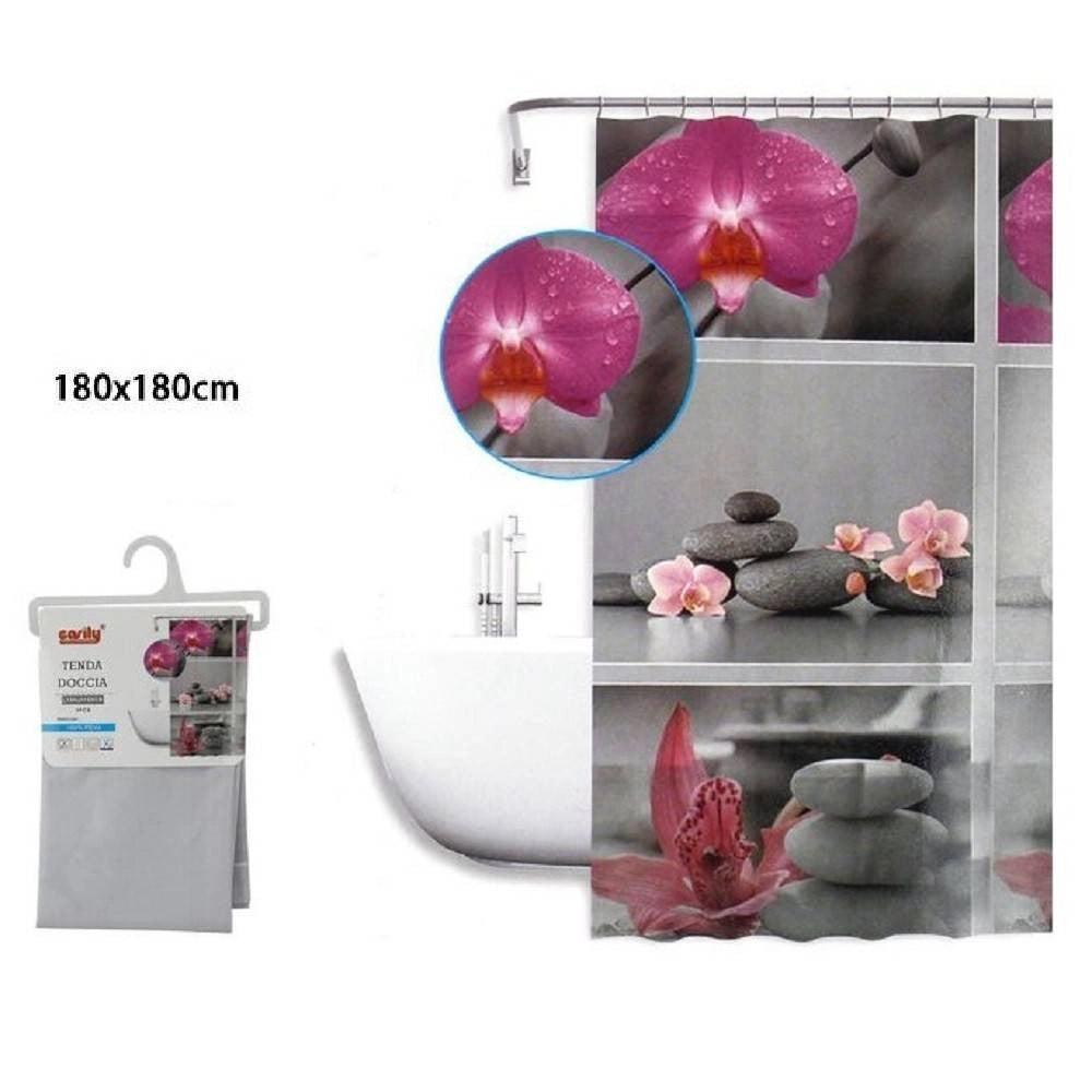 Trade Shop - Tenda Doccia Antimuffa Impermeabile 180x180cm Con Anelli Bagno Fiori Sassi 59532 -