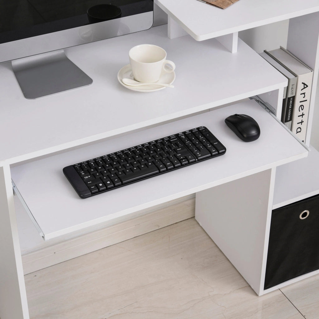 Scrivania Moderna con Mensola per Tastiera e Cassetto in Tessuto 100x40x86,6 cm  Bianco e Nero