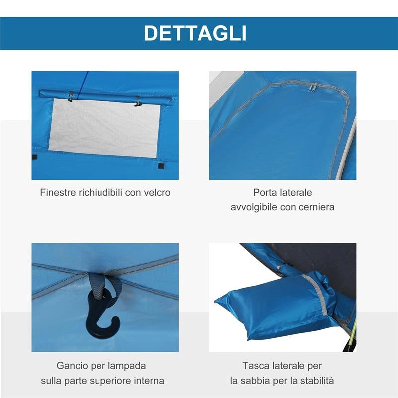 TENDA DA SPIAGGIA POP UP CON PORTA A CERNIERA IN POLIESTERE E FIBRA DI VETRO 220X173X120 CM BLU CIELO E GRIGIO