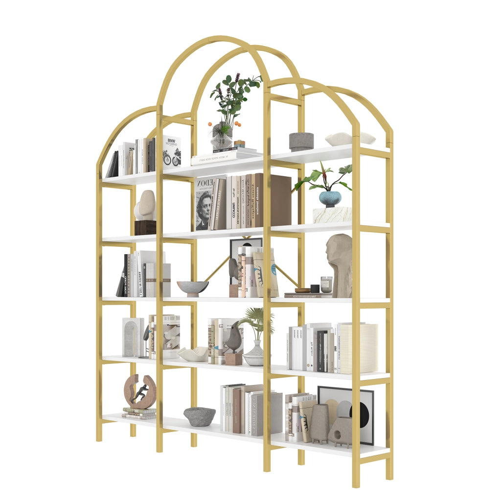 Libreria a 5 ripiani in MDF e metallo bianco e oro 170x26x190 cm