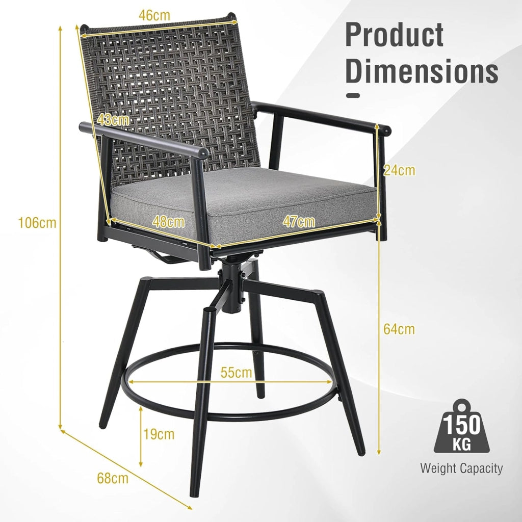 Set di 2 sgabelli da bar girevoli, con schienale in rattan e telaio in metallo, sedia da giardino con cuscino rimovibile, sgabello da bistrò, sedia girevole per esterni, colore nero