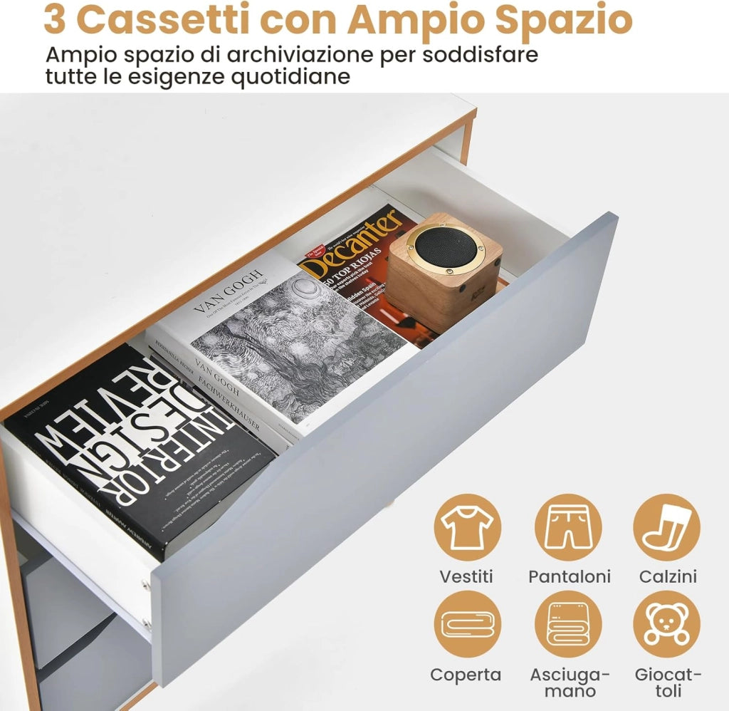 Cassettiera in Legno, Cassettiera Moderna con 3 Cassetti, Maniglia Incorporata e Dispositivo Anti-ribaltamento, per Camera da Letto, Ingresso, Cabina Armadio, 75 x 42 x 75 cm (Grigio)