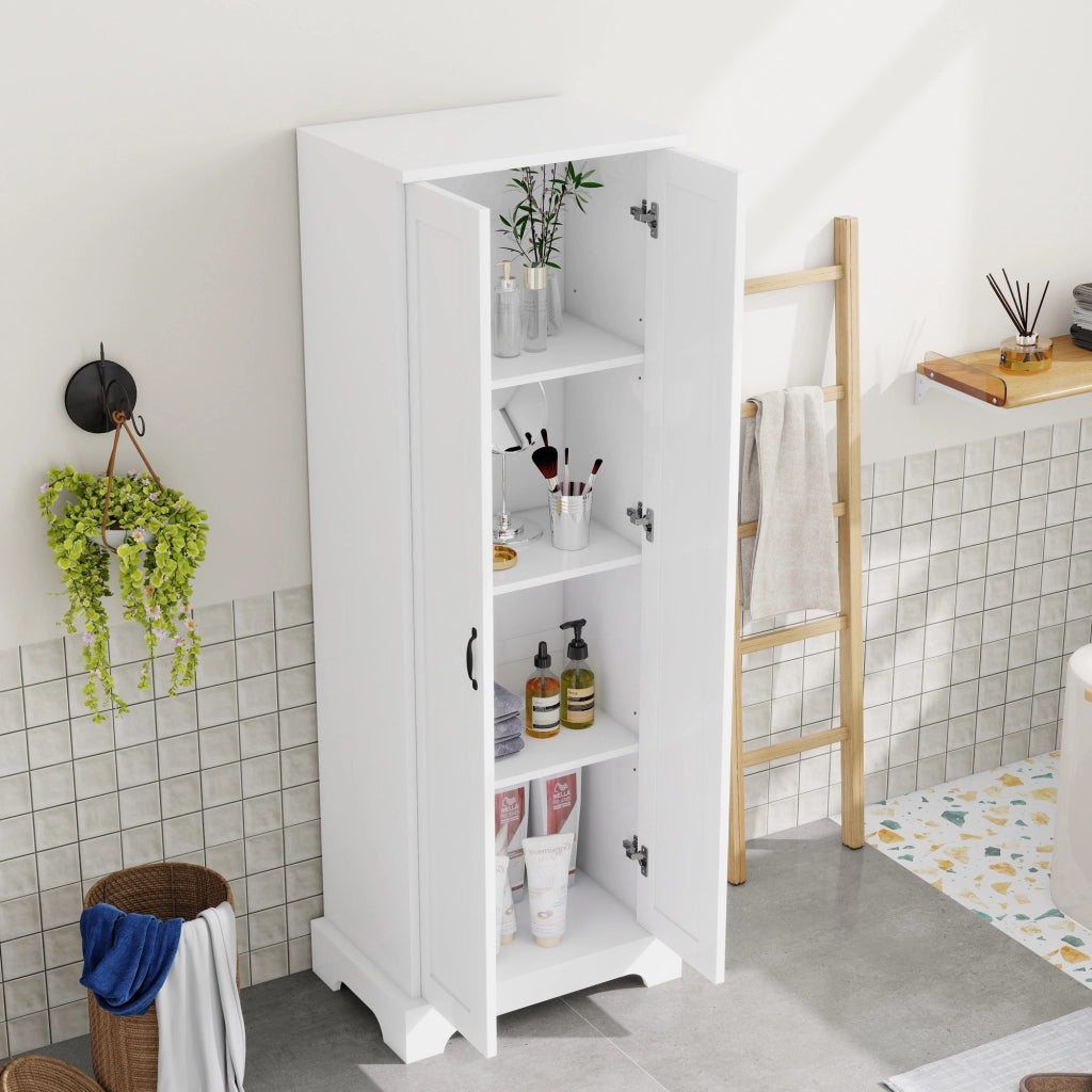 Armadietto da bagno con 2 ante, 4 vani e ripiani regolabili, soft-close, in MDF, bianco, 56 × 40 × 170 cm