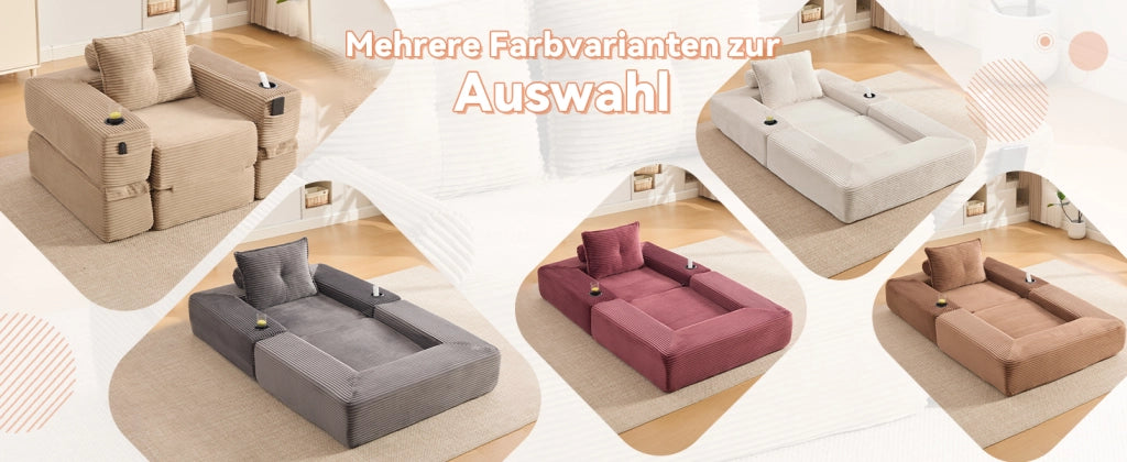 Divano letto in velluto a coste con cuscini in memory foam, tasche laterali e portabicchieri, kaki 122 × 98 × 80 cm