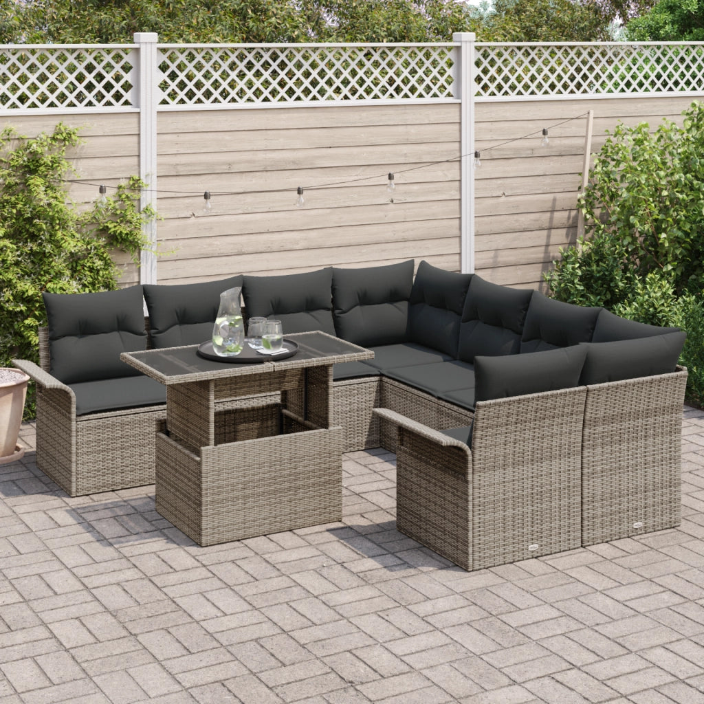 Set di Divani da Giardino 9 Pezzi con Cuscini Grigio Rattan Poli